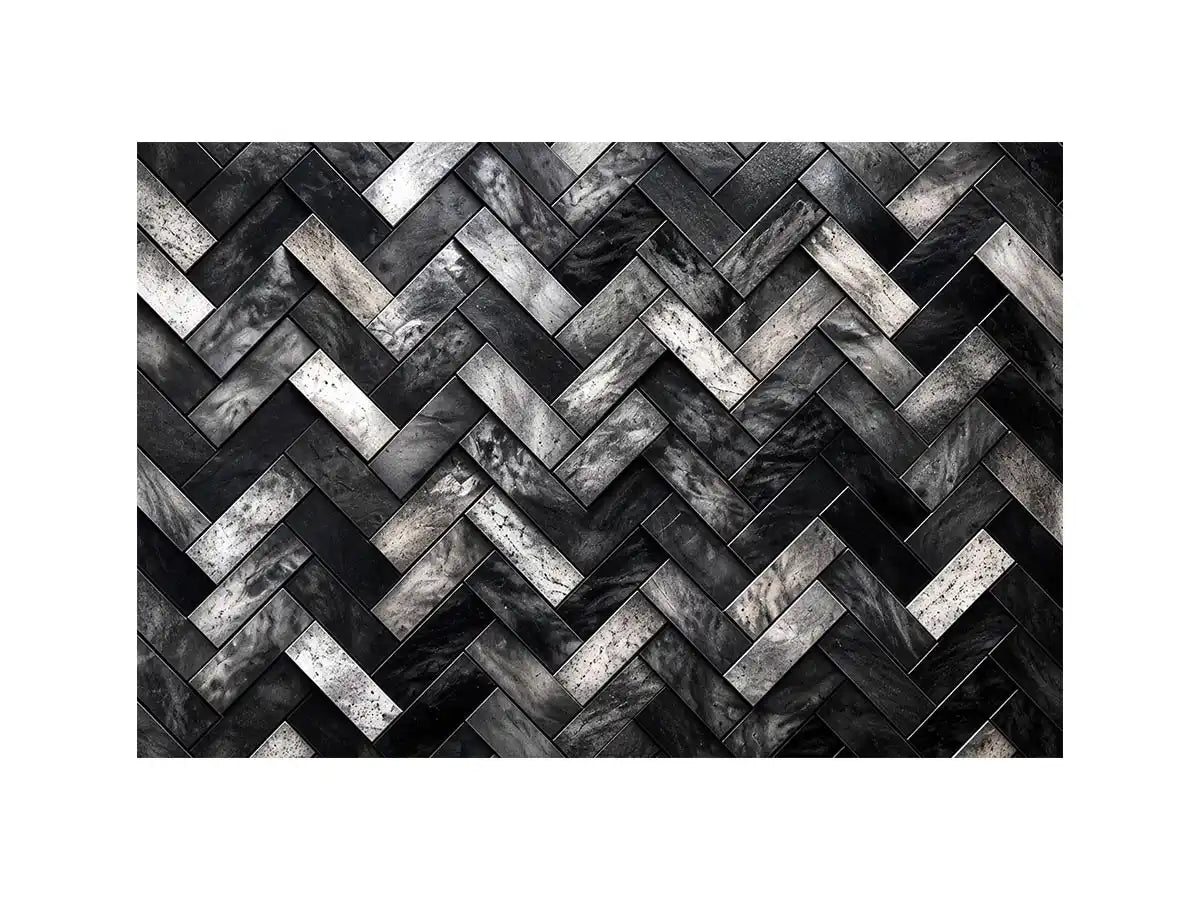 Black and white herringbone geometric pattern wall art with textured tiles modern canvas for living room and office decor