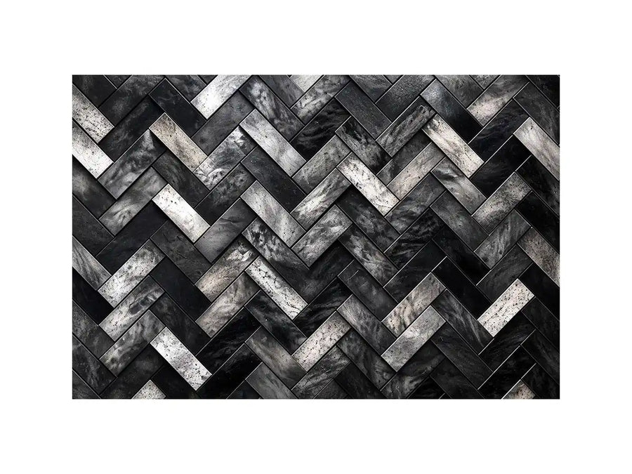 Black and white herringbone geometric pattern wall art with textured tiles modern canvas for living room and office decor