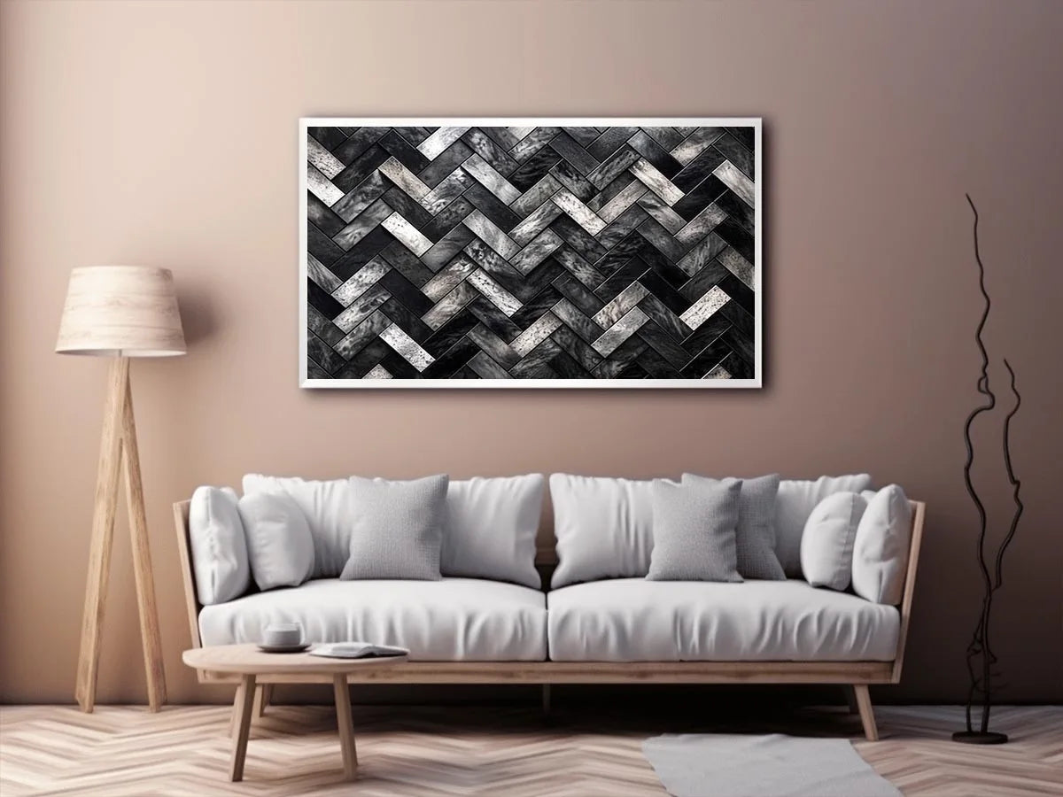Black and white herringbone geometric pattern wall art with textured tiles modern canvas for living room and office decor