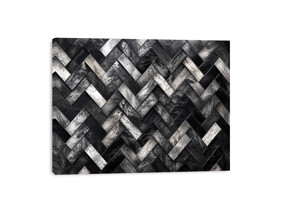 Black and white herringbone geometric pattern wall art with textured tiles modern canvas for living room and office decor