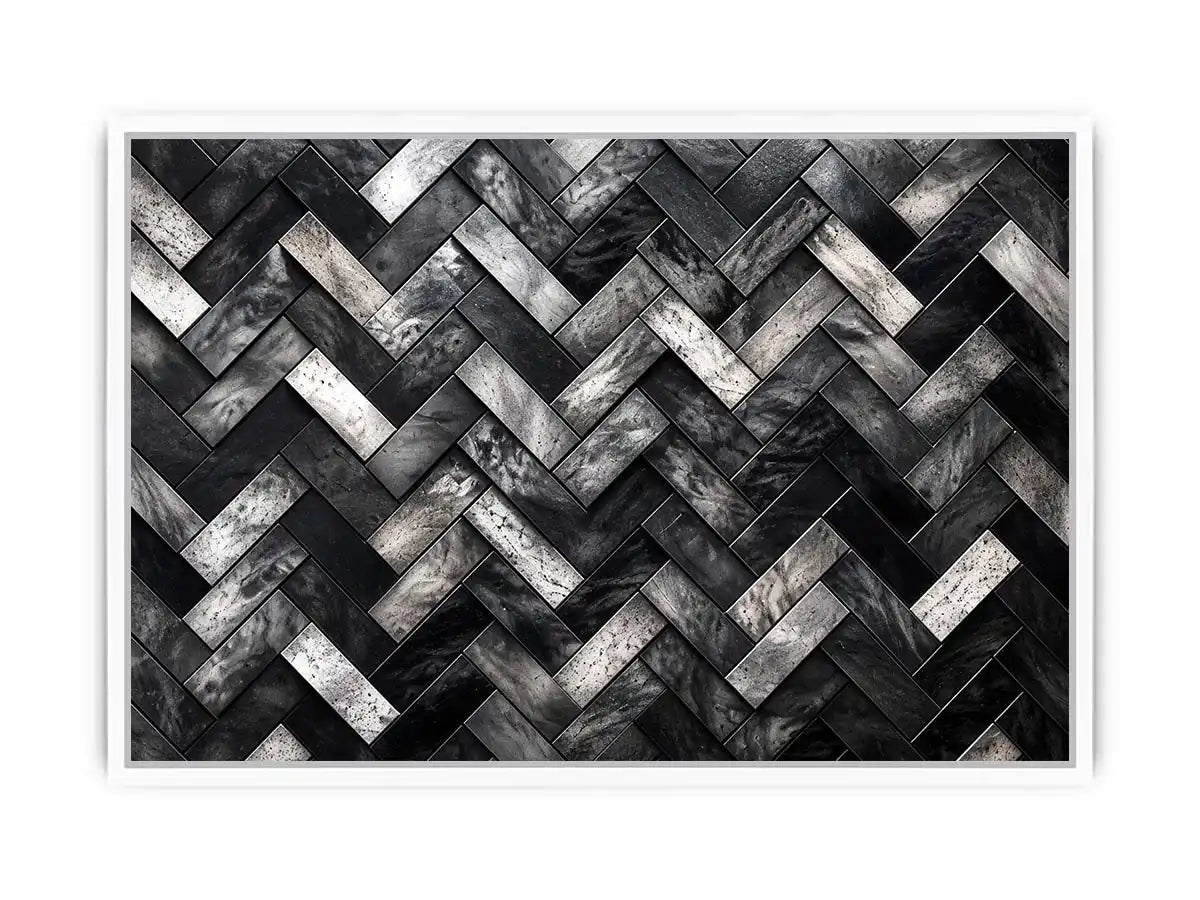 Black and white herringbone geometric pattern wall art with textured tiles modern canvas for living room and office decor