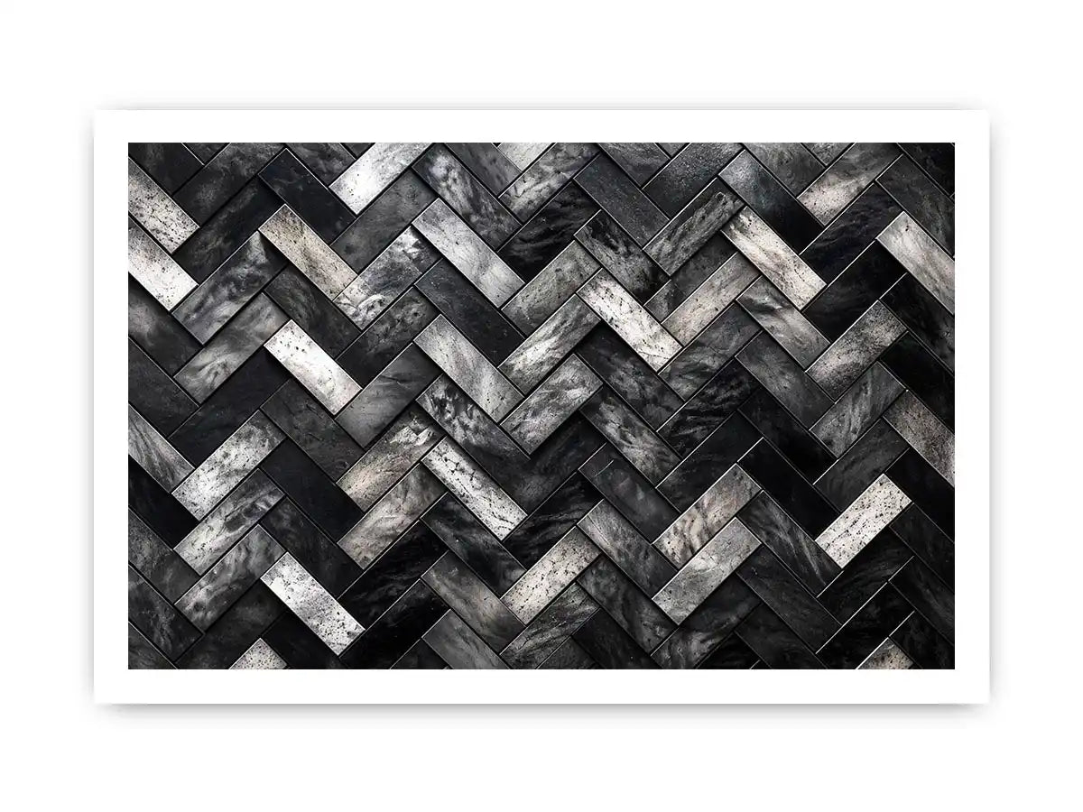 Black and white herringbone geometric pattern wall art with textured tiles modern canvas for living room and office decor