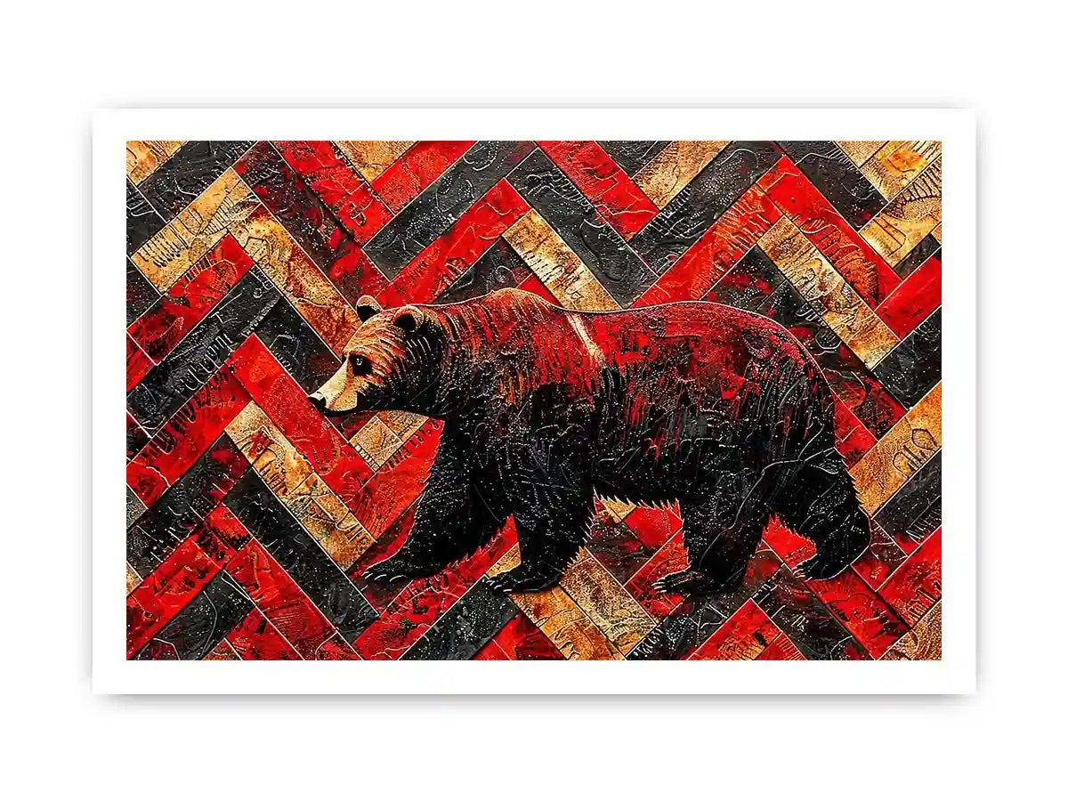 Red black bear abstract wall art with textured geometric pattern modern canvas for living room office decor