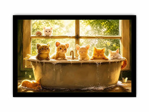Cute kittens in bathtub with warm sunlight cozy nursery wall art illustration canvas for kids room decor