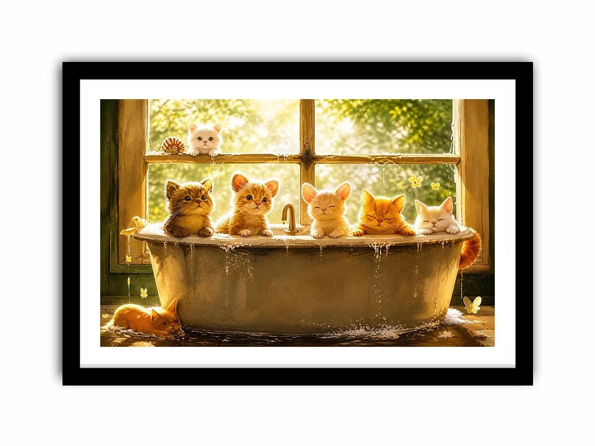 Cute kittens in bathtub with warm sunlight cozy nursery wall art illustration canvas for kids room decor