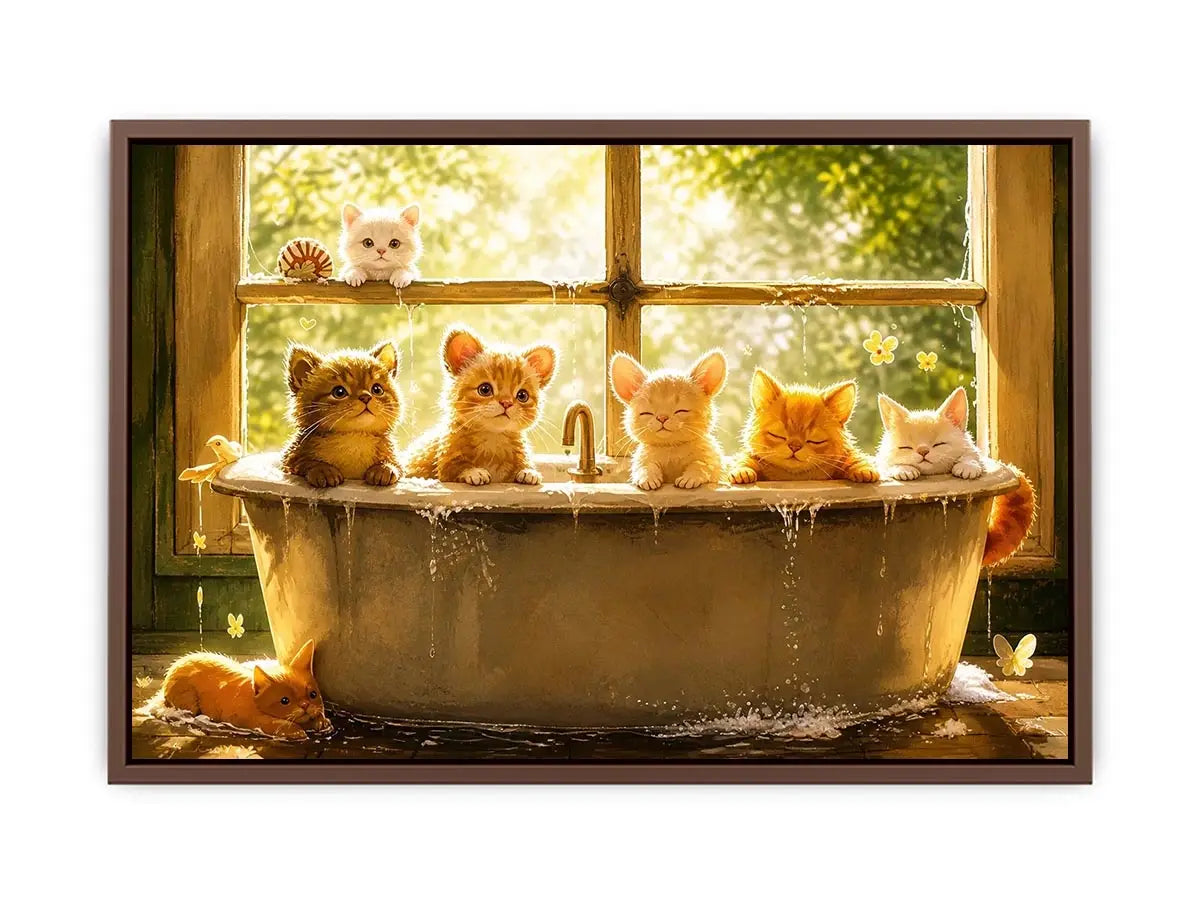 Cute kittens in bathtub with warm sunlight cozy nursery wall art illustration canvas for kids room decor