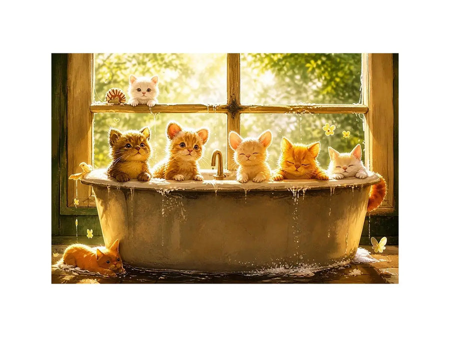 Cute kittens in bathtub with warm sunlight cozy nursery wall art illustration canvas for kids room decor