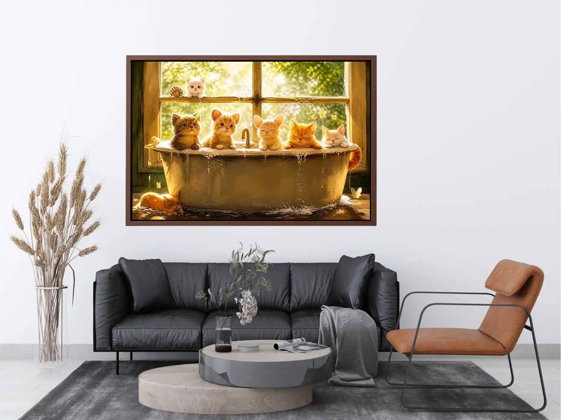 Cute kittens in bathtub with warm sunlight cozy nursery wall art illustration canvas for kids room decor