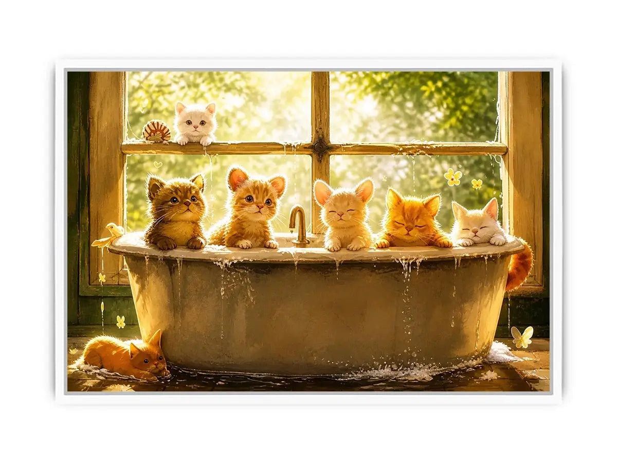 Cute kittens in bathtub with warm sunlight cozy nursery wall art illustration canvas for kids room decor