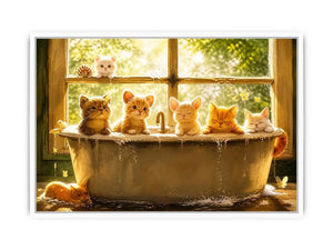 Cute kittens in bathtub with warm sunlight cozy nursery wall art illustration canvas for kids room decor