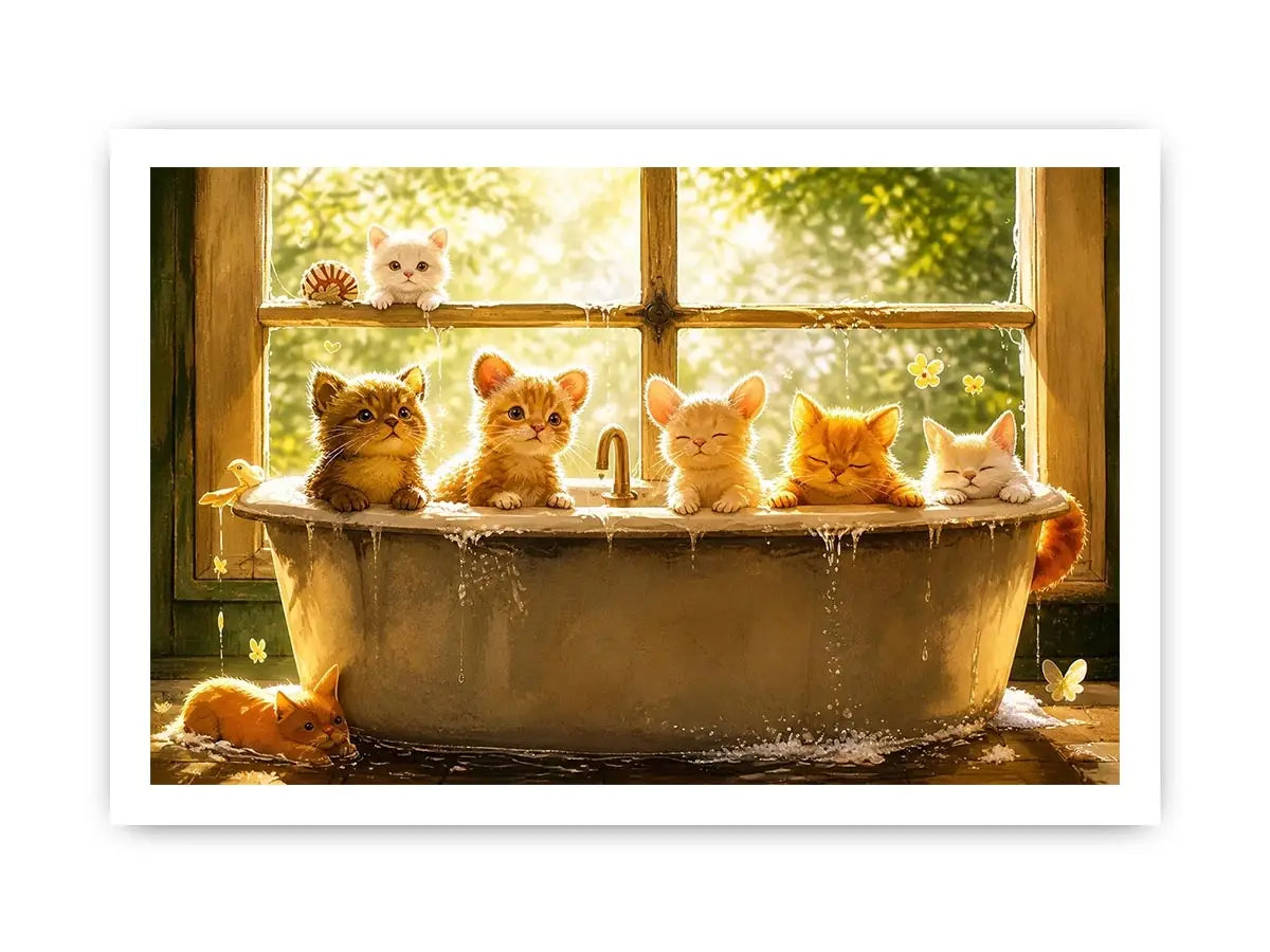 Cute kittens in bathtub with warm sunlight cozy nursery wall art illustration canvas for kids room decor