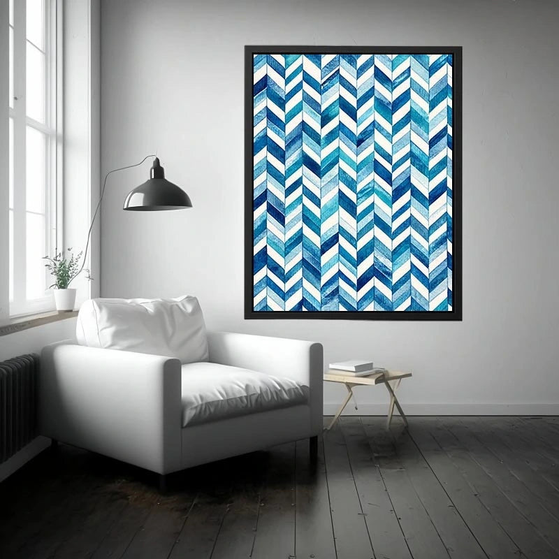 Blue and white chevron watercolor pattern wall art modern coastal canvas for bedroom living room decor