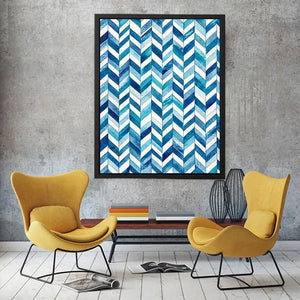 Blue and white chevron watercolor pattern wall art modern coastal canvas for bedroom living room decor