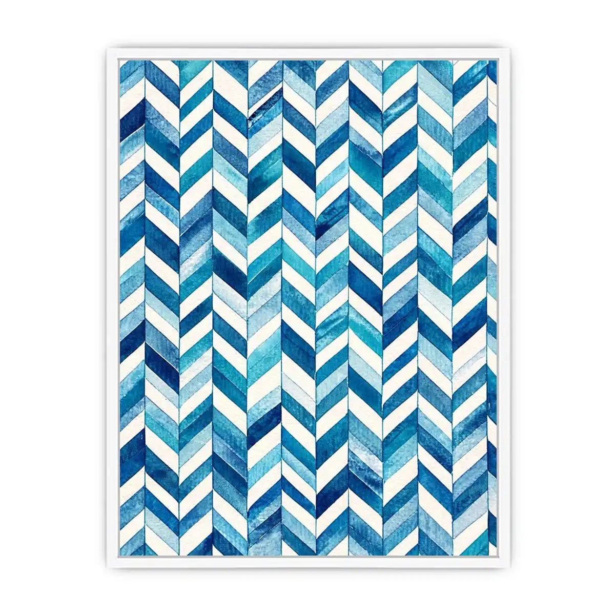 Blue and white chevron watercolor pattern wall art modern coastal canvas for bedroom living room decor