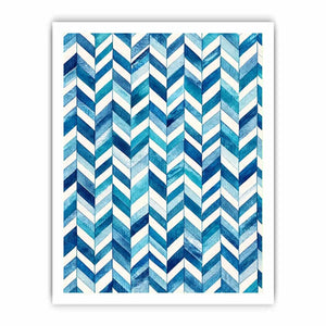 Blue and white chevron watercolor pattern wall art modern coastal canvas for bedroom living room decor