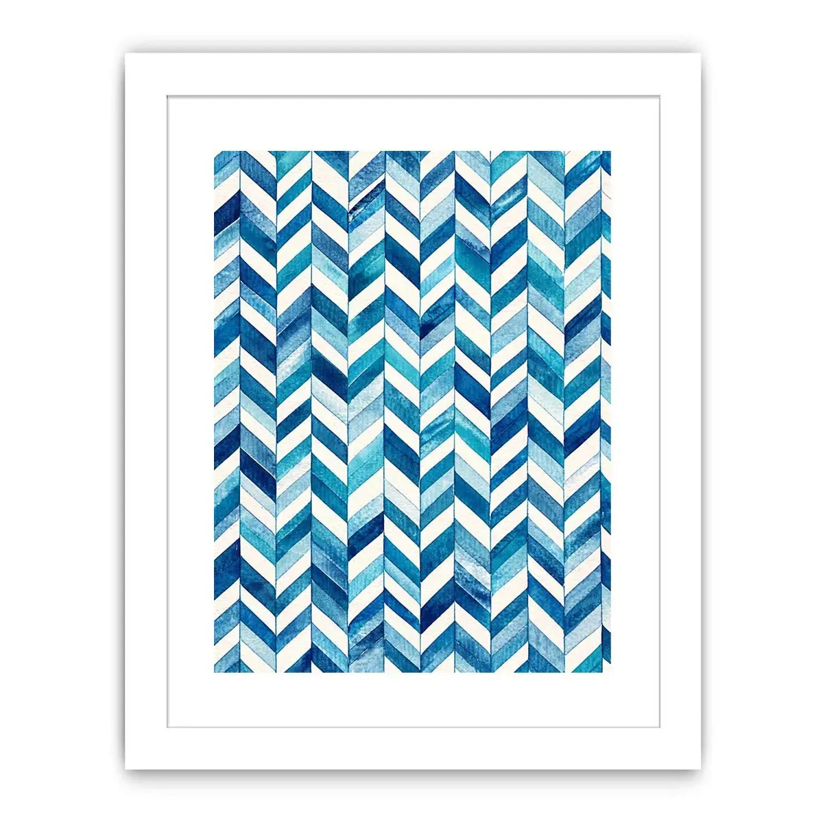 Blue and white chevron watercolor pattern wall art modern coastal canvas for bedroom living room decor