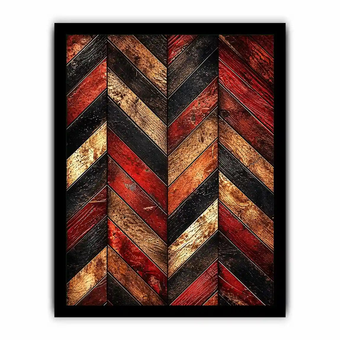 Rustic red wood chevron pattern wall art with distressed texture modern industrial canvas for living room decor