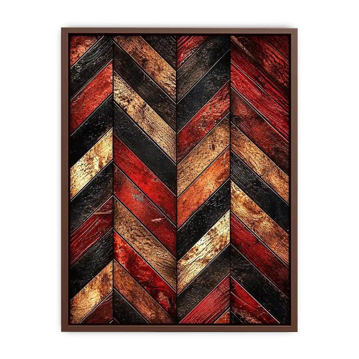 Rustic red wood chevron pattern wall art with distressed texture modern industrial canvas for living room decor