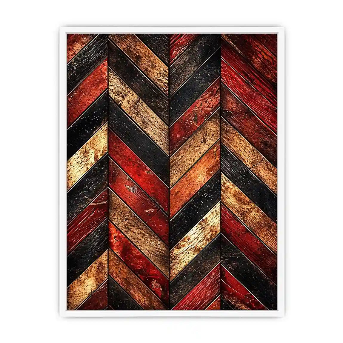 Rustic red wood chevron pattern wall art with distressed texture modern industrial canvas for living room decor