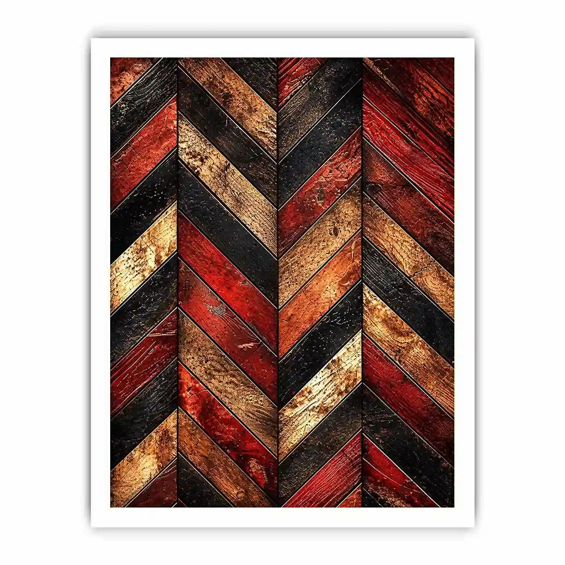 Rustic red wood chevron pattern wall art with distressed texture modern industrial canvas for living room decor
