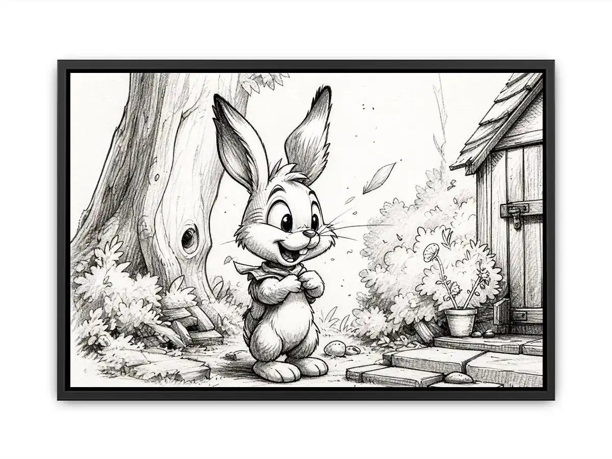 Cute bunny cartoon sketch wall art pencil drawing black and white nursery canvas for kids room decor