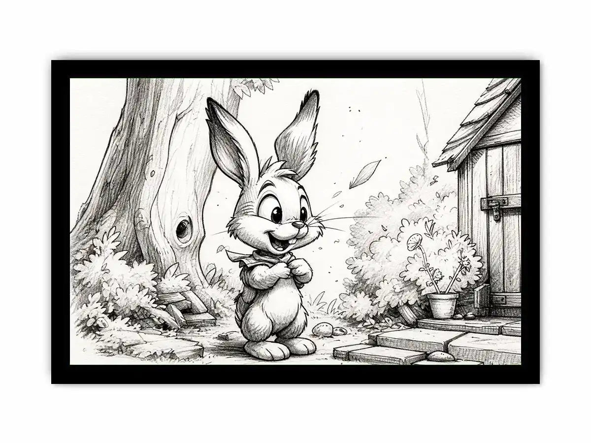 Cute bunny cartoon sketch wall art pencil drawing black and white nursery canvas for kids room decor