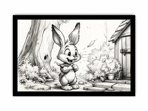 Cute bunny cartoon sketch wall art pencil drawing black and white nursery canvas for kids room decor