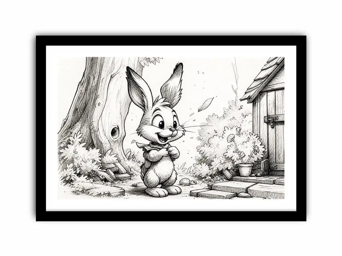 Cute bunny cartoon sketch wall art pencil drawing black and white nursery canvas for kids room decor
