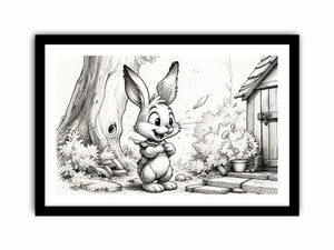 Cute bunny cartoon sketch wall art pencil drawing black and white nursery canvas for kids room decor