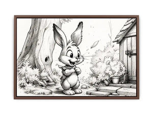 Cute bunny cartoon sketch wall art pencil drawing black and white nursery canvas for kids room decor