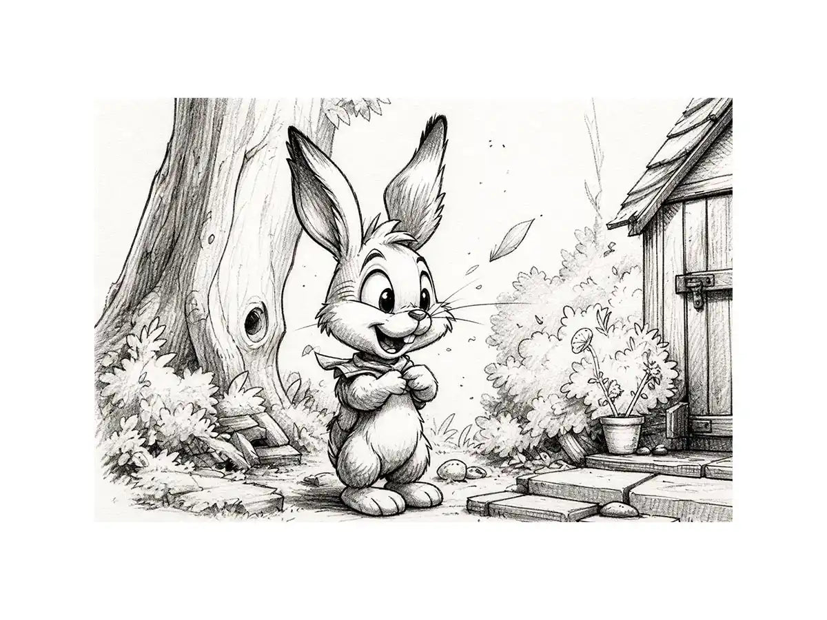Cute bunny cartoon sketch wall art pencil drawing black and white nursery canvas for kids room decor