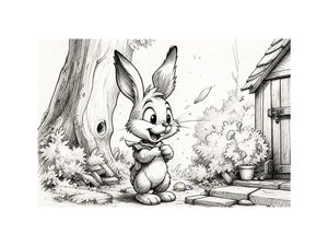 Cute bunny cartoon sketch wall art pencil drawing black and white nursery canvas for kids room decor