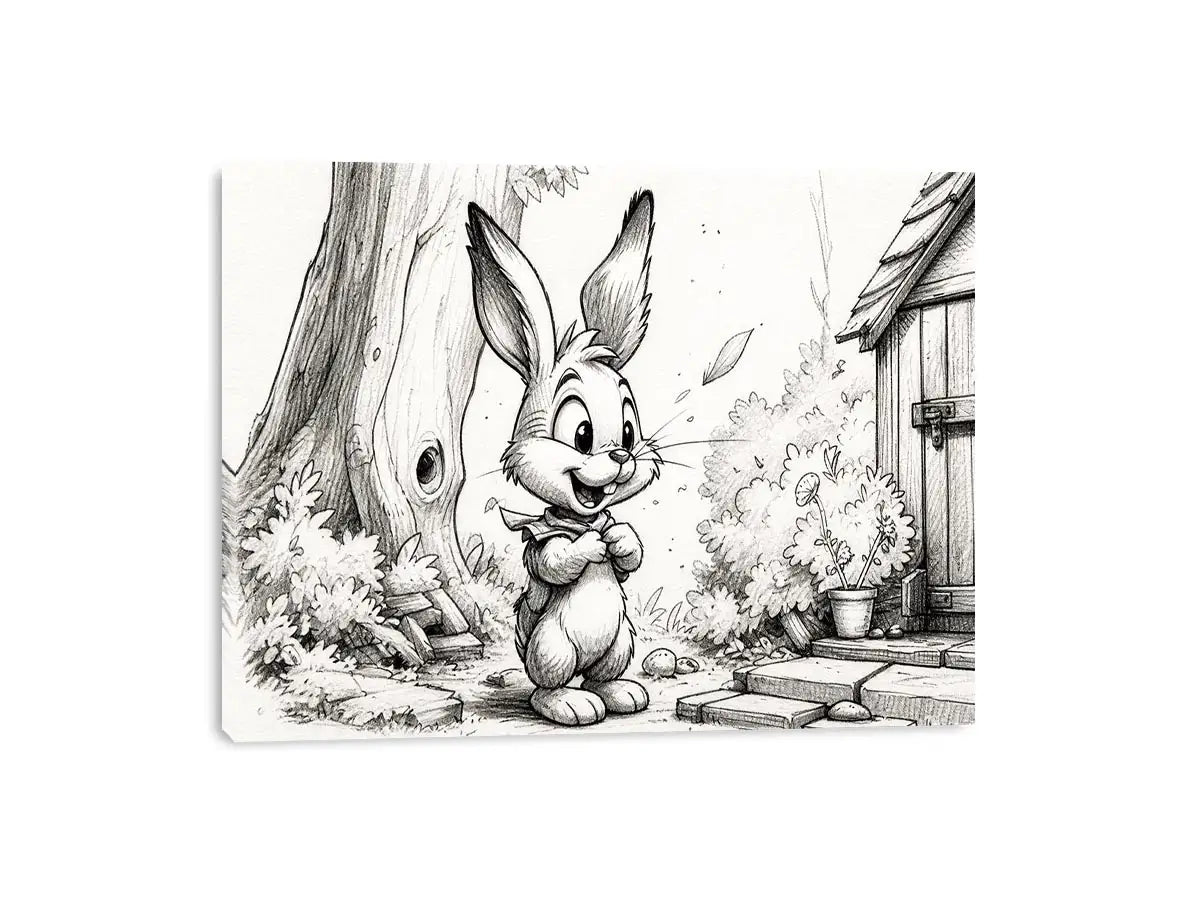 Cute bunny cartoon sketch wall art pencil drawing black and white nursery canvas for kids room decor