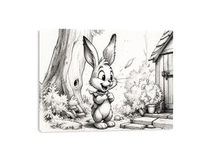 Cute bunny cartoon sketch wall art pencil drawing black and white nursery canvas for kids room decor