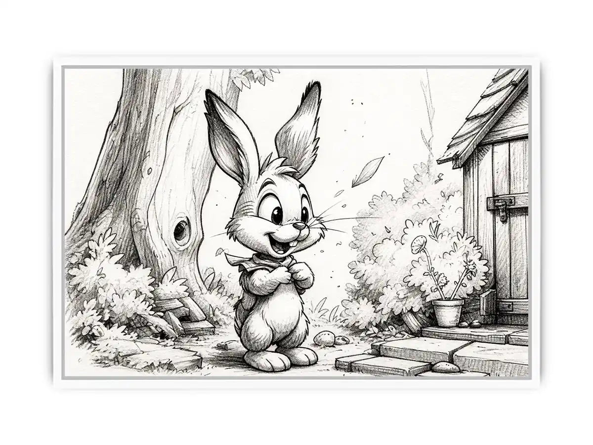 Cute bunny cartoon sketch wall art pencil drawing black and white nursery canvas for kids room decor