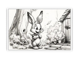 Cute bunny cartoon sketch wall art pencil drawing black and white nursery canvas for kids room decor