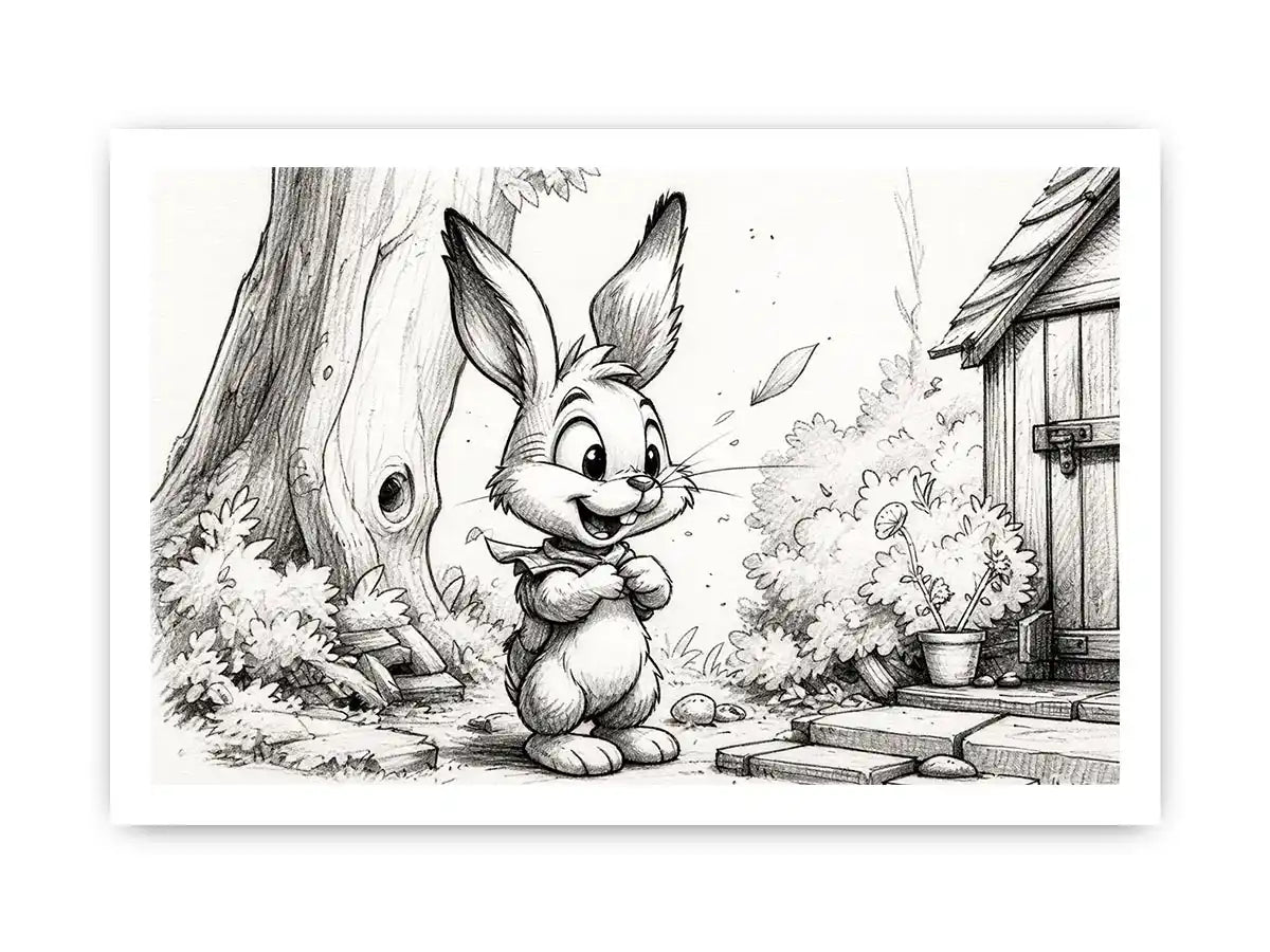 Cute bunny cartoon sketch wall art pencil drawing black and white nursery canvas for kids room decor