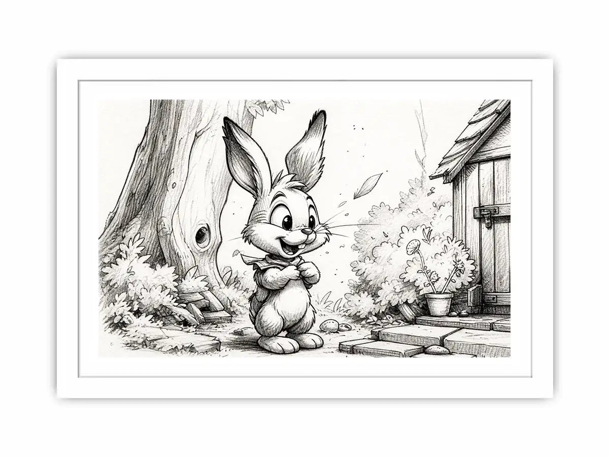 Cute bunny cartoon sketch wall art pencil drawing black and white nursery canvas for kids room decor