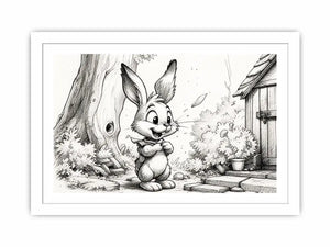 Cute bunny cartoon sketch wall art pencil drawing black and white nursery canvas for kids room decor