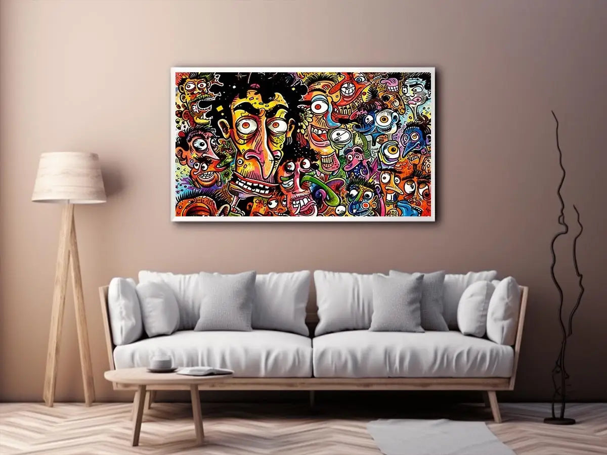 vibrant graffiti cartoon faces wall art colorful urban pop art canvas for modern interior decor