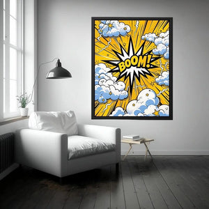 comic boom pop art wall art yellow explosion typography canvas for modern interior decor