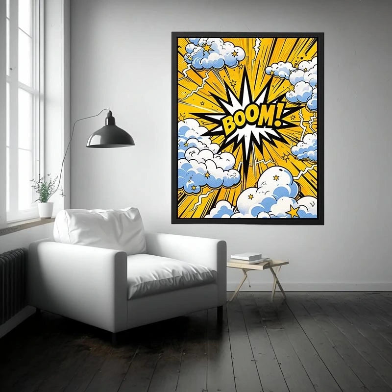 comic boom pop art wall art yellow explosion typography canvas for modern interior decor