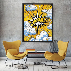 comic boom pop art wall art yellow explosion typography canvas for modern interior decor
