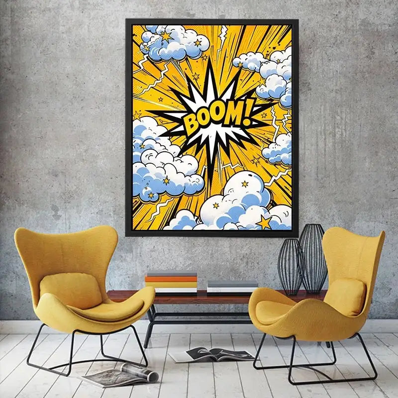 comic boom pop art wall art yellow explosion typography canvas for modern interior decor