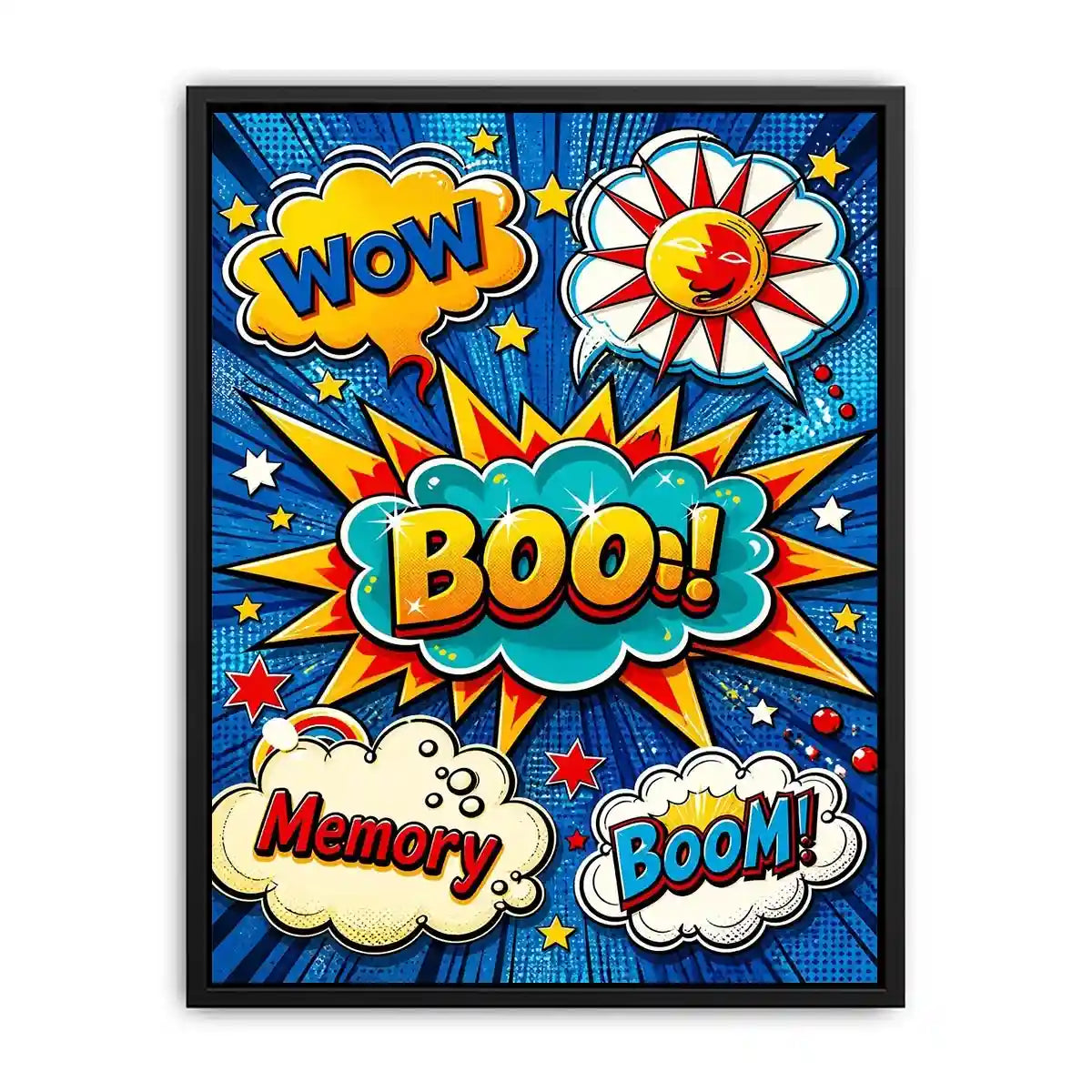Pop art comic explosion wall art with BOOM text, vibrant colorful modern canvas artwork for living room decor