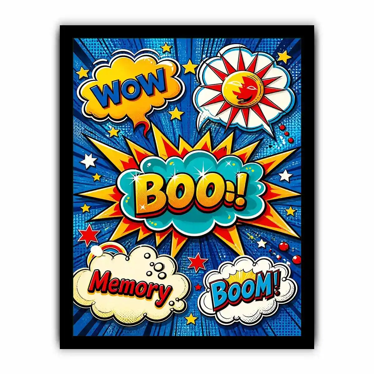 Pop art comic explosion wall art with BOOM text, vibrant colorful modern canvas artwork for living room decor