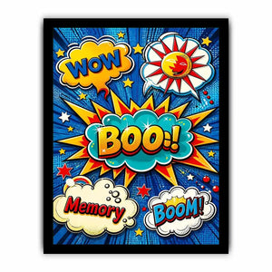 Pop art comic explosion wall art with BOOM text, vibrant colorful modern canvas artwork for living room decor