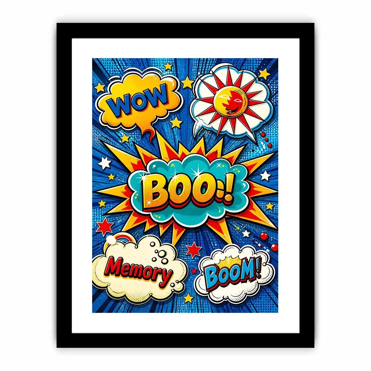 Pop art comic explosion wall art with BOOM text, vibrant colorful modern canvas artwork for living room decor
