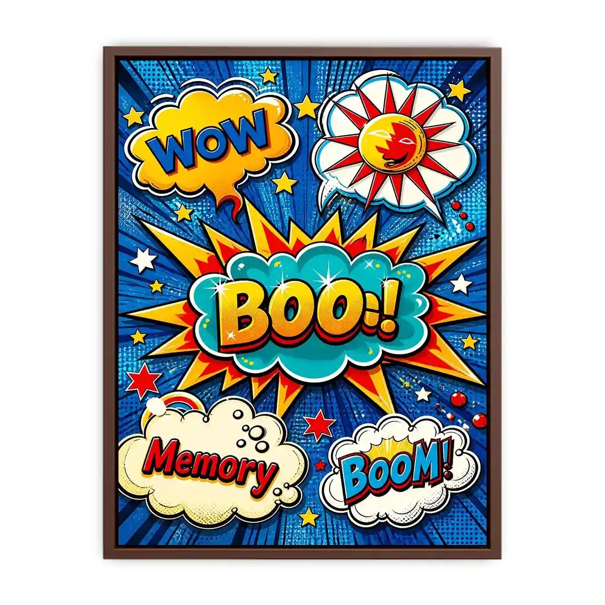 Pop art comic explosion wall art with BOOM text, vibrant colorful modern canvas artwork for living room decor