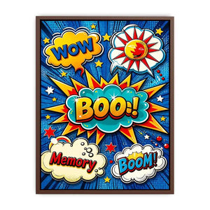 Pop art comic explosion wall art with BOOM text, vibrant colorful modern canvas artwork for living room decor